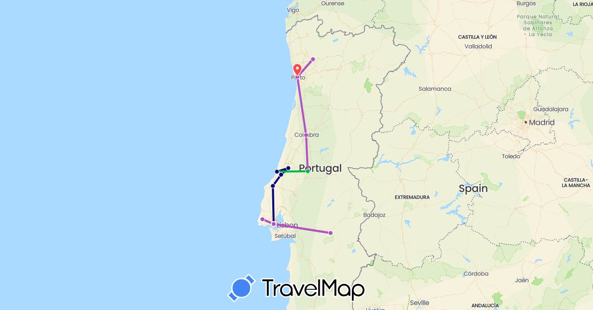 TravelMap itinerary: driving, bus, train, hiking in Portugal (Europe)